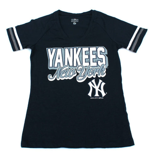 New York Yankees Ladies Logo V-neck T-shirt – Blue Size Medium